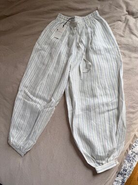 Zara Linen-Blend Striped Balloon Drawstring Pants